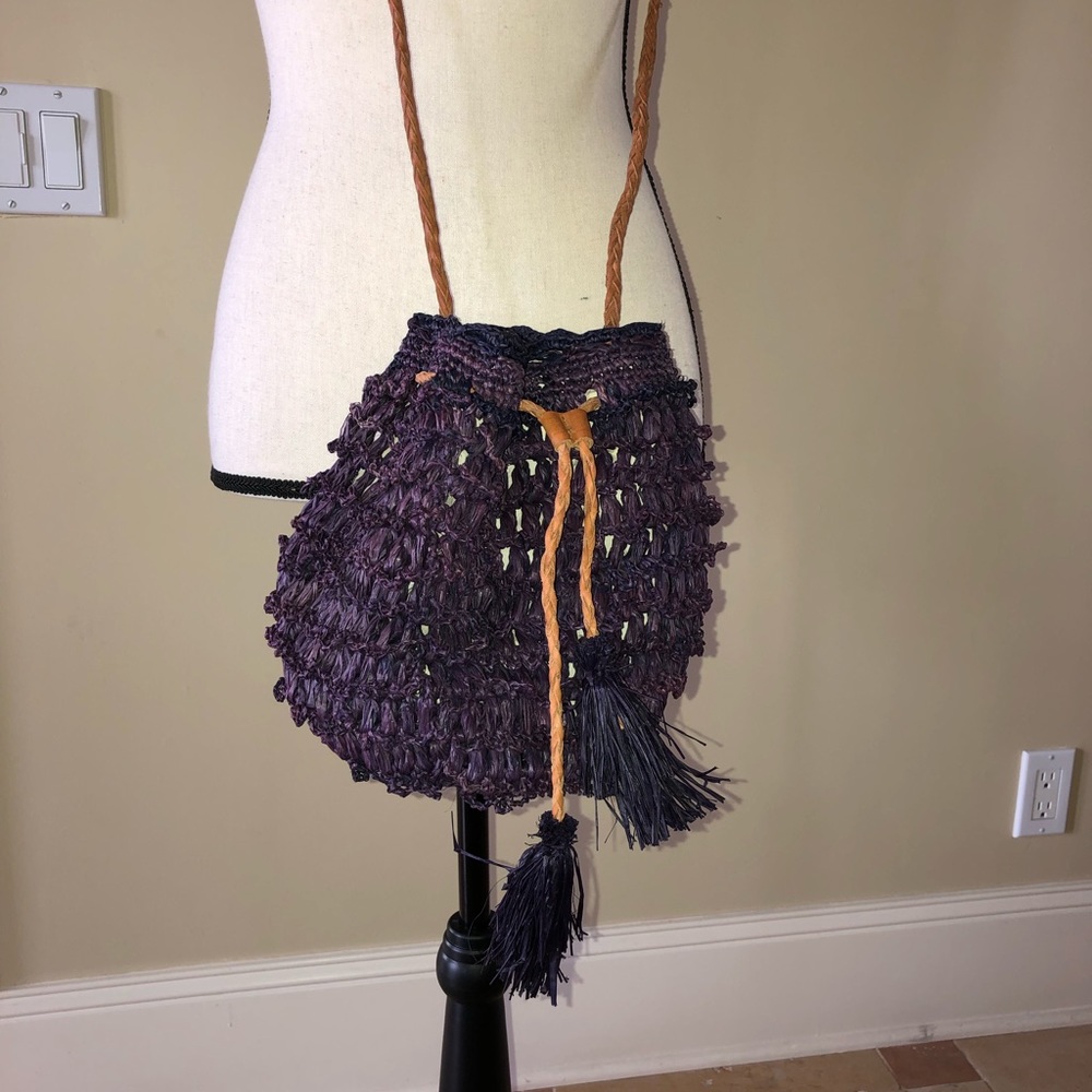 Raffia and leather cross body bag